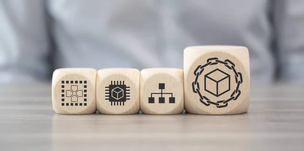 Drewniane Bloki Symbolem Koncepcji Blockchain — Zdjęcie stockowe