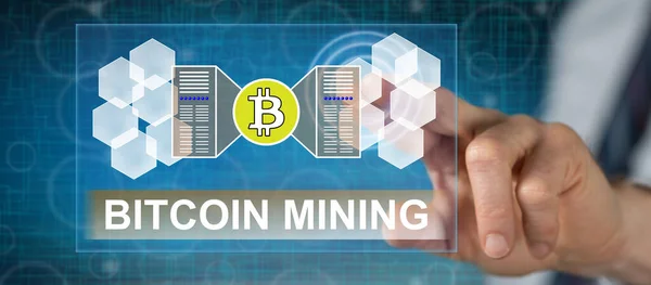 Homem Tocando Conceito Mineração Bitcoin Uma Tela Toque Com Dedo — Fotografia de Stock