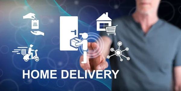 Man Die Een Home Delivery Concept Aanraakt Een Touchscreen Met — Stockfoto