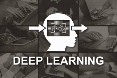 Derin öğrenme kavramı arkaplandaki resimlerle gösterilmiştir