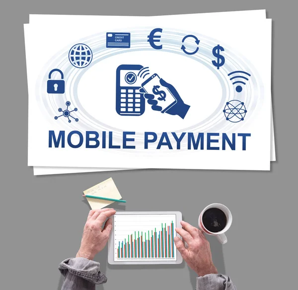 Male Hands Using Tablet Front Mobile Payment Concept — Stock Photo, Image