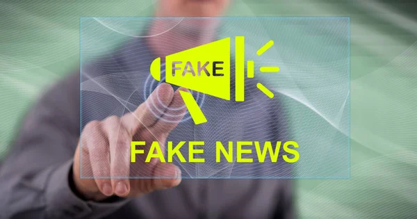 Homem Tocando Conceito Notícias Falsas Uma Tela Toque Com Dedo — Fotografia de Stock