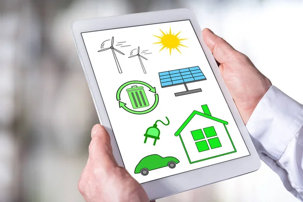 Man Holding Tablet Showing Clean Energy Concept — Stock Photo, Image