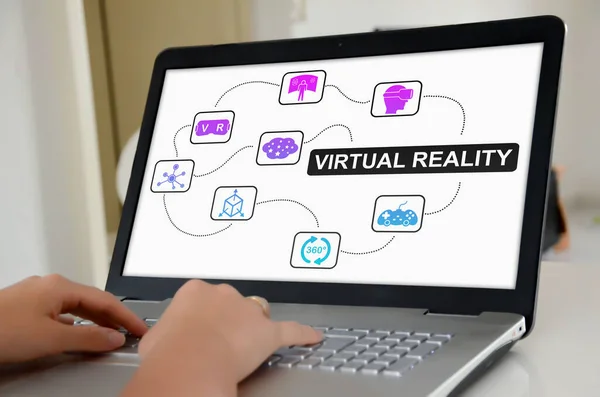 Hände Auf Einem Laptop Mit Bildschirm Mit Virtual Reality Konzept — Stockfoto