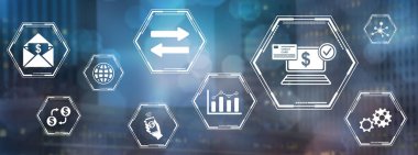 Bulanık koyu arkaplanda simgeleri olan para aktarımı kavramı