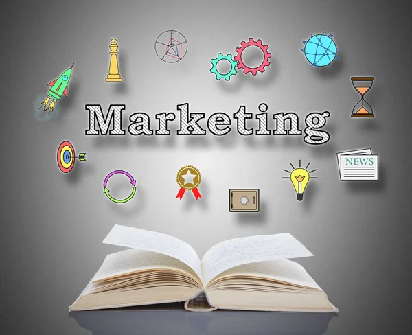 Concepto Marketing Por Encima Libro Abierto — Foto de Stock