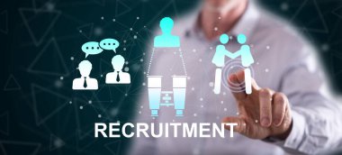 Adam dokunmatik ekranda işe alım konseptine parmağıyla dokunuyor.