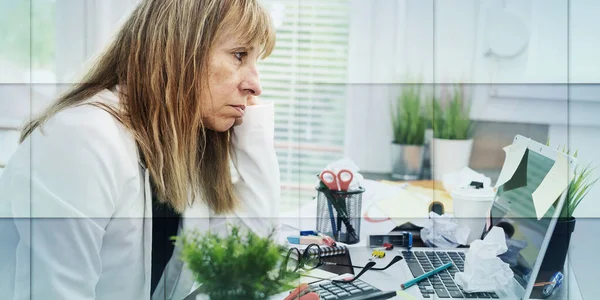 Overworked Mature Businesswoman Sitting Messy Desk Geometric Pattern — Photo