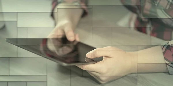 Female Hands Holding Using Digital Tablet Geometric Pattern — Foto de Stock