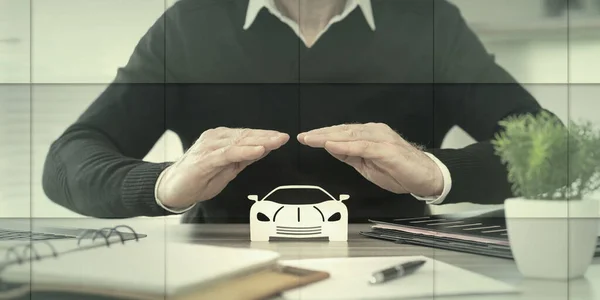Insurer Protecting Sports Car His Hands Geometric Pattern — Stock Photo, Image