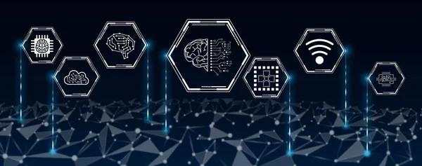 Concept of digital disruption with icons in hexagons connected to abstract network