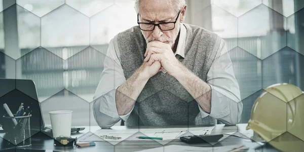 Thoughtful Architect Sitting Office Thinking Project Geometric Pattern — Stock Photo, Image