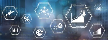 Bulanık koyu arkaplanda simgeleri olan büyüme kavramı