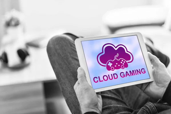 Tablet screen displaying a cloud gaming concept