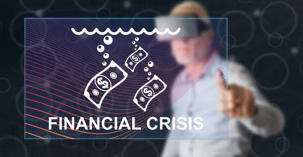 Mann Mit Headset Berührt Ein Konzept Der Finanzkrise Auf Einem — Stockfoto