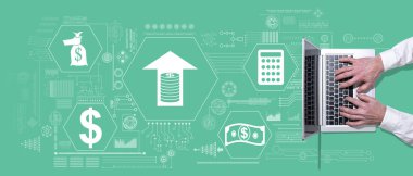Kar konsepti sembollü dizüstü bilgisayar kullanan ellerin üst görünümü