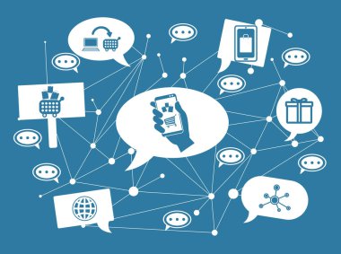 Konuşma baloncukları üzerindeki simgelerle çevrimiçi alışveriş kavramı