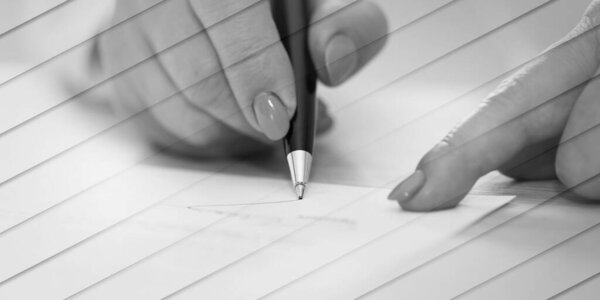 Woman signing a legal document, geometric pattern