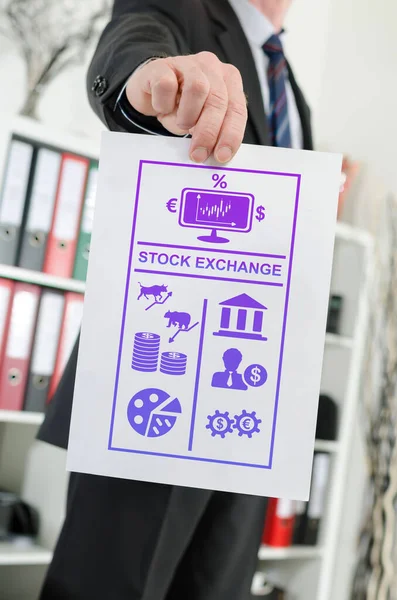 Paper Showing Stock Exchange Concept Held Businessman — Stockfoto