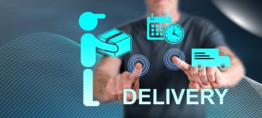 Adam dokunmatik ekranda bir teslimat konseptine parmaklarıyla dokunuyor.