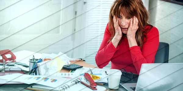 Overworked Mature Businesswoman Sitting Messy Desk Geometric Pattern — Stockfoto
