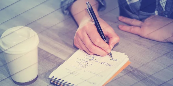 Female Hands Taking Notes Notepad Geometric Pattern — Stockfoto