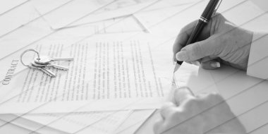 Client signing a real estate contract in real estate agency, geometric pattern