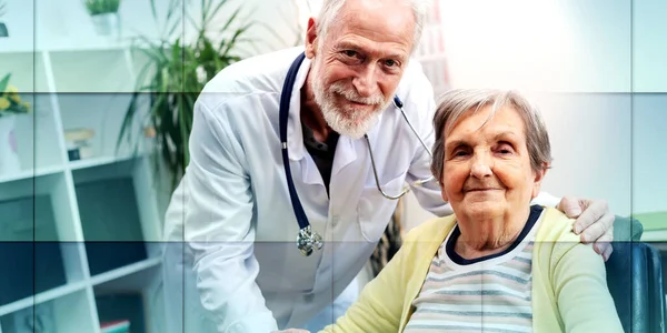 Male Doctor Supporting Elderly Woman Nursing Home Geometric Pattern —  Fotos de Stock