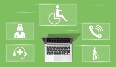 Özürlülük sembollü dizüstü bilgisayarın üst görünümü