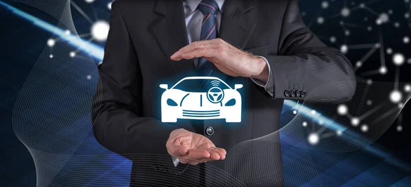 Driverless Car Insurance Concept Businessman Protective Gesture — Foto de Stock