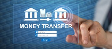 Adam dokunmatik ekranda para transferi konseptine parmağıyla dokunuyor.