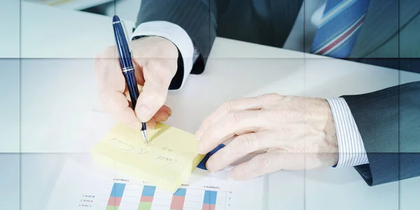 Businessman Taking Notes Post Geometric Pattern — Photo