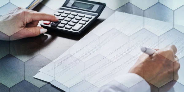 Woman with calculator doing her accounting, geometric pattern