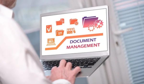 Document Management Concept Shown Laptop Used Man — стоковое фото