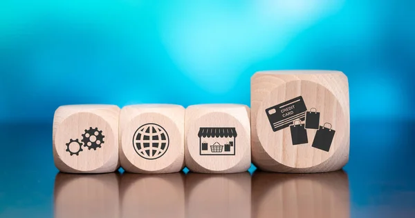 青い背景に購入の概念の象徴と木製のブロック — ストック写真