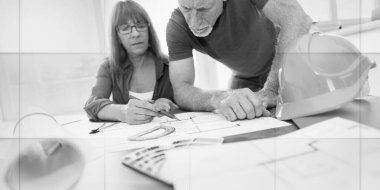 Architects working on plans at office, light effet, geometric pattern