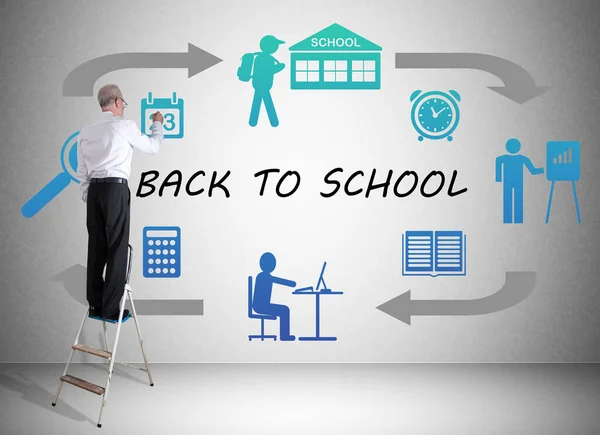 Man Ladder Drawing Back School Concept Wall — Stockfoto
