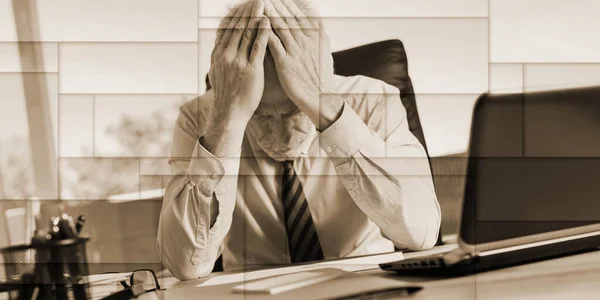 Portrait Overworked Businessman Sitting Office Geometric Pattern — Stock fotografie