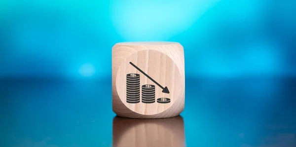 Wooden Block Symbol Economic Crash Concept Blue Background — Stockfoto