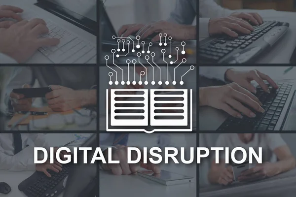 Digital disruption concept illustrated by pictures on background