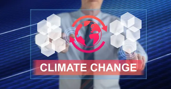 Man Touching Climate Change Concept Touch Screen His Fingers — Foto Stock