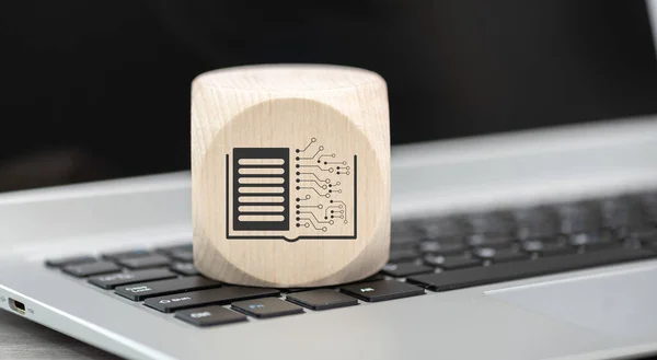 Wooden Block Symbol Machine Learning Concept Laptop Keyboard — ストック写真