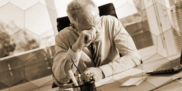 Portrait Tired Businessman Sitting Office Geometric Pattern — Stockfoto