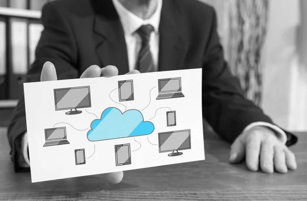 Businessman showing an index card with cloud computing concept