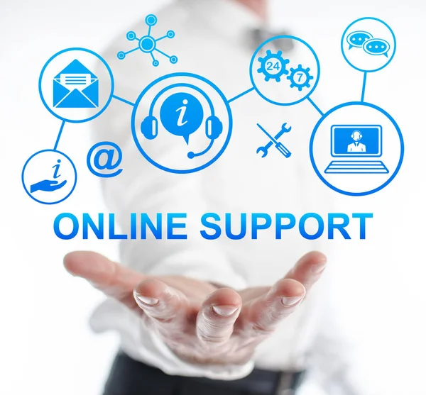 Online support concept levitating above a hand of a man