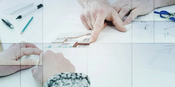 Architect Showing House Plans His Client Geometric Pattern — Stok fotoğraf