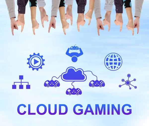 Cloud gaming concept pointed by several fingers