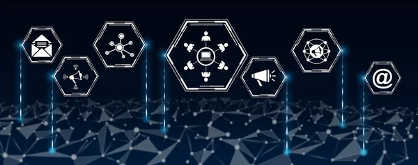 Concept of digital marketing with icons in hexagons connected to abstract network