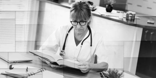 Female Doctor Reading Textbook Medical Office Geometric Pattern — Stockfoto