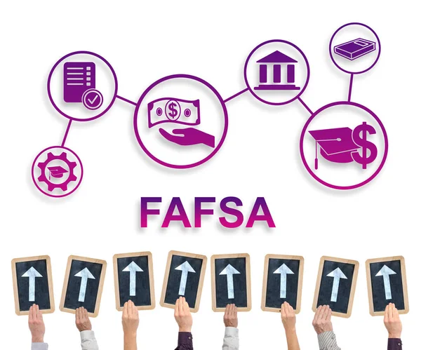 Hands holding writing slates with arrows pointing on fafsa concept